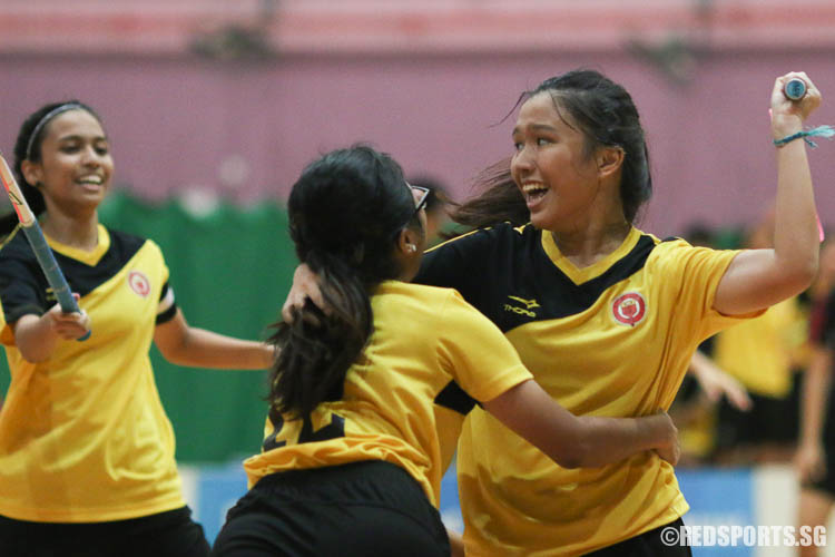 VJC players celebrate after Carissa Ng (#14, right) scored a goal. (Photo © Chua Kai Yun/Red Sports)