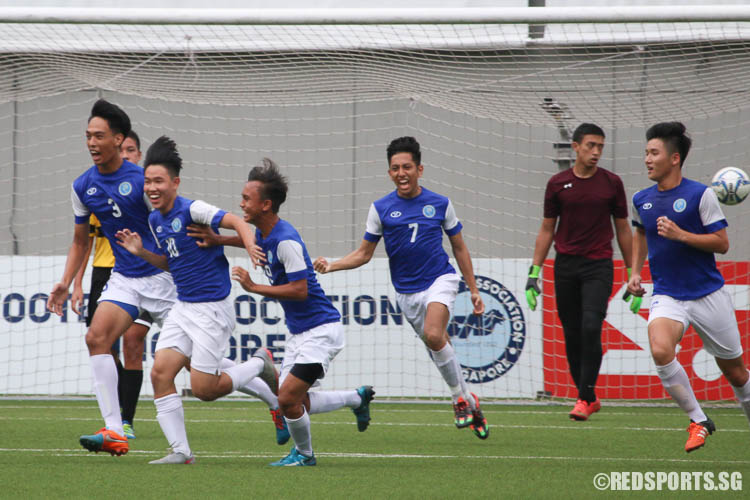 MJC players celebrate after Royston Tan (#10) scored the winning goal. (Photo © Chua Kai Yun/Red Sports)