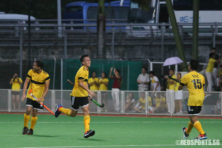 Thomas Teo (#6, centre)  celebrating his second goal. The VJC player scored all 3 goals for his team to clinch the championship title. (Photo © Chua Kai Yun/Red Sports)