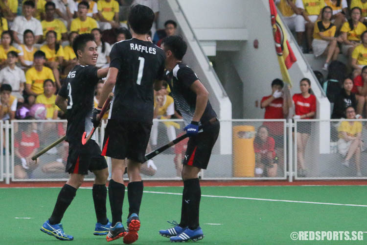RI players sharing a moment after Marcus Ooi (#3) scored the first goal. (Photo © Chua Kai Yun/Red Sports)