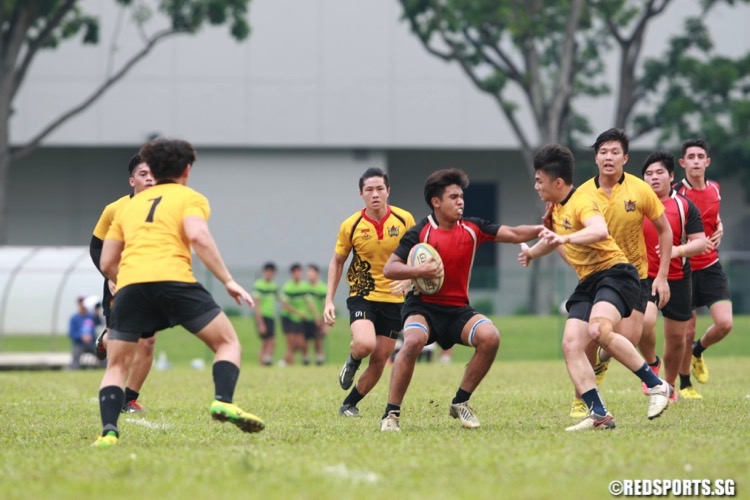 SYOF Rugby: Singapore Poly (yellow) defeated Temasek Poly 12-5 to win the Under-18 final. (Photo © Les Tan/Red Sports)