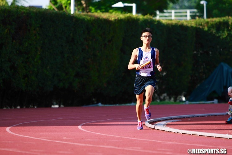 Singapore Sports School  won the U-19 boys distance medley in 11:46.17. Unity were second in 12:53.95 while Dunman High  were third in 13:12.34. (Photo © Les Tan/Red Sports)