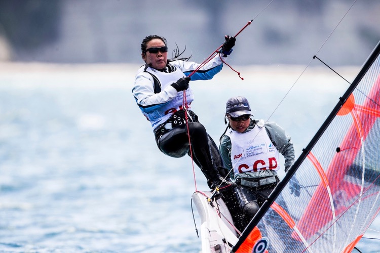 Bertha Han and Evangeline Tan of Singapore in 29ers action at the Aon Youth Sailing World Championships in Auckland, New Zealand. (Photo 2 © Pedro Martinez/Sailing Energy/World Sailing)