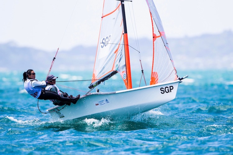 Bertha Han and Evangeline Tan of Singapore in 29ers action at the Aon Youth Sailing World Championships in Auckland, New Zealand. (Photo © Pedro Martinez/Sailing Energy/World Sailing)