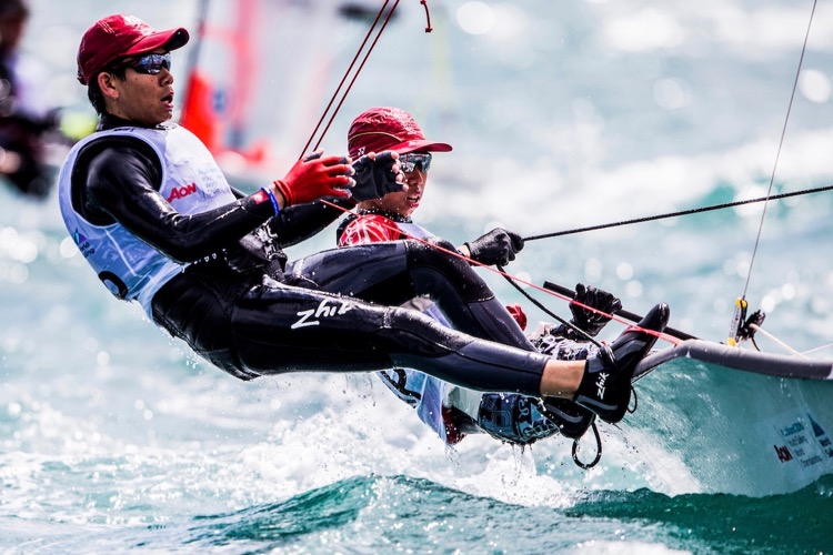 Yi Nian Koh and Riji Wong of Singapore in 29ers action at the Aon Youth Sailing World Championships in Auckland, New Zealand. (Photo © Pedro Martinez/Sailing Energy/World Sailing)
