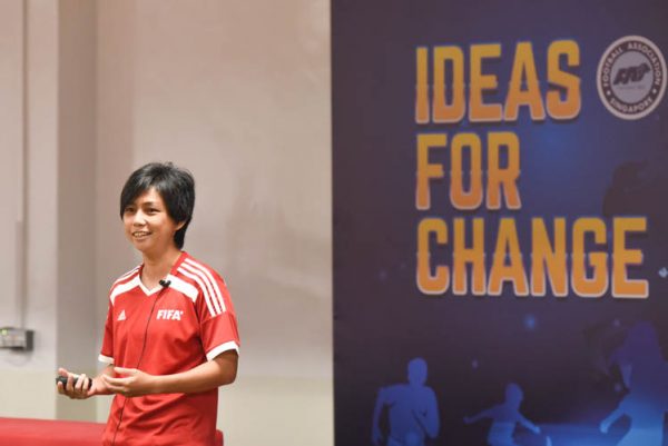 Ms Yeong Sheau Shyan, Singapore women's national team head coach, speaking during the "Ideas for Change" event organised by the FAS.