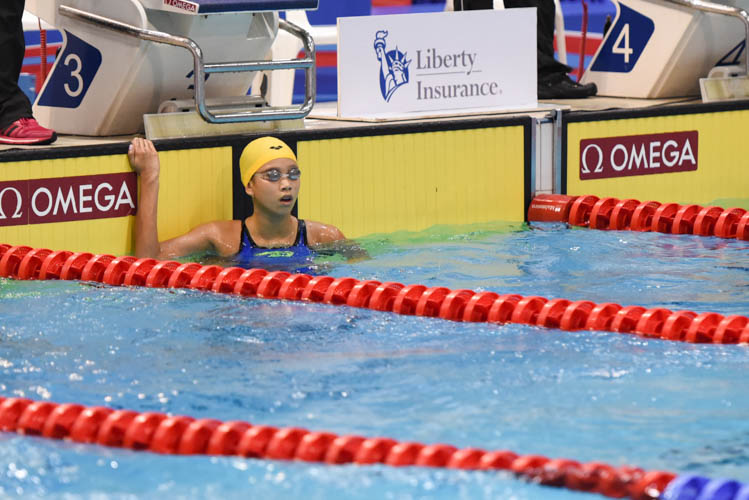 Elizabeth Khoo finished fourth in the women's 100m backstroke with a time of 1:05.46 on the first day of the 13th Singapore National Swimming Championships. (Photo © Stefanus Ian/Red Sports)