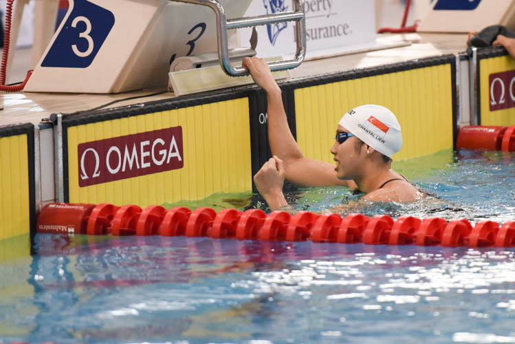Chantal Liew reacting to finishing third  during the Women's 400m Freestyle final on the third day of the 13th Singapore National Swimming Championships. (Photo © Stefanus Ian/Red Sports)