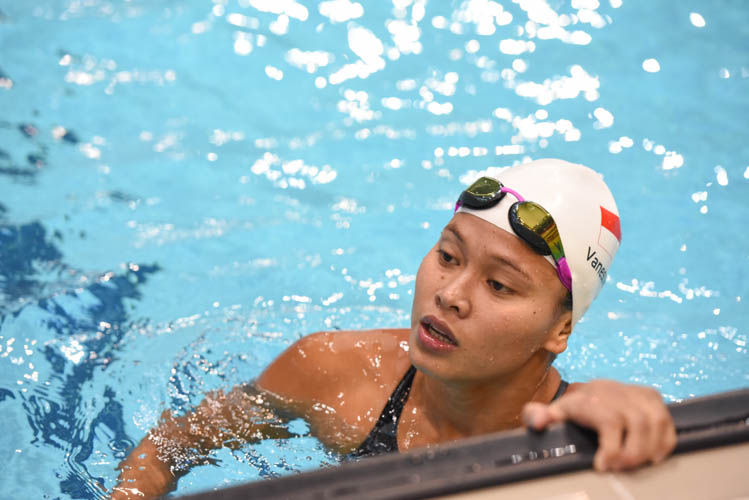 Vanessa Evato reacting after finishing first in the women's 100m breaststroke final with a time of 1:11.09 on the second day of the 13th Singapore National Swimming Championships. (Photo © Stefanus Ian/Red Sports)