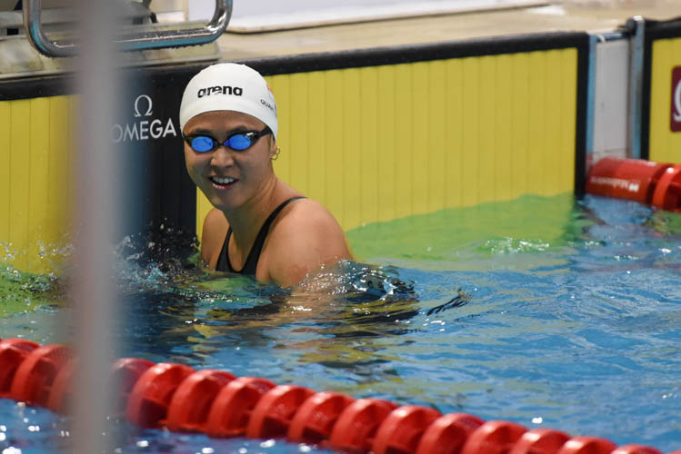 Quah Ting Wen reacting after seeing the results board and coming in second in the women's 100m freestyle final losing out to her younger sister Quah Jing Wen by 0.15s on the second day of the 13th Singapore National Swimming Championships. (Photo © Stefanus Ian/Red Sports)