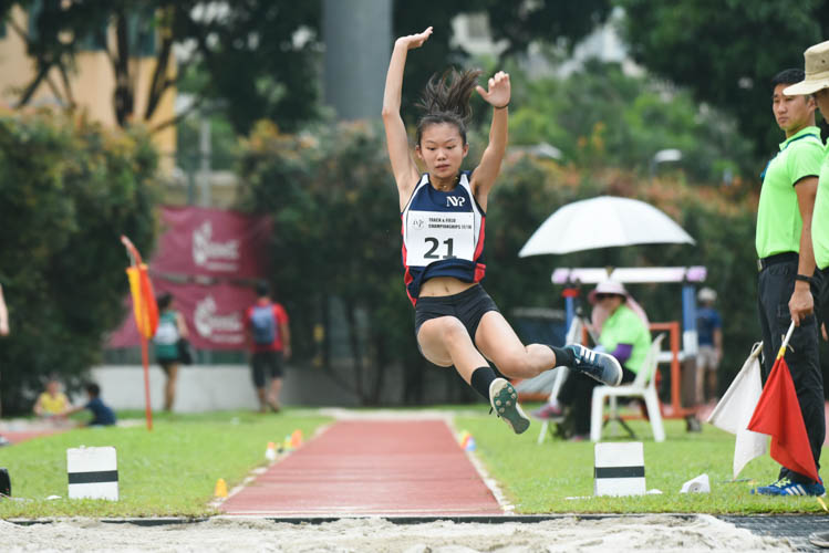 Wang Kai Qing of Nanyang Polytechnic competing in the Women's long jump event during the 2018 IVP Track and Field competition.