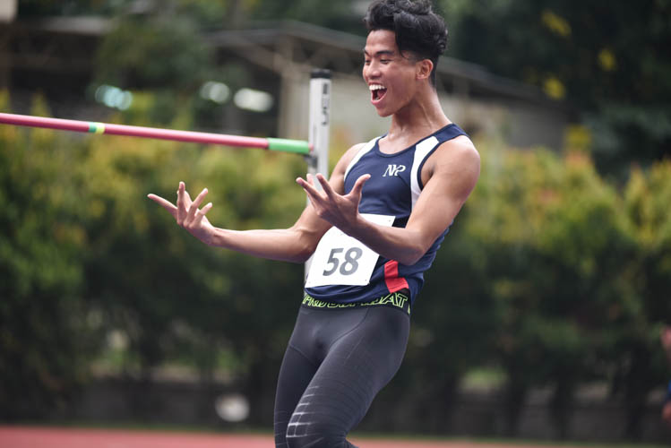 Nanyang Polytechnic’s high jumper Hairul Syamil Bin Mardan celebrating after clinching the gold medal with a height of 2.02m. (Photo 17 © Eileen Chew/Red Sports)