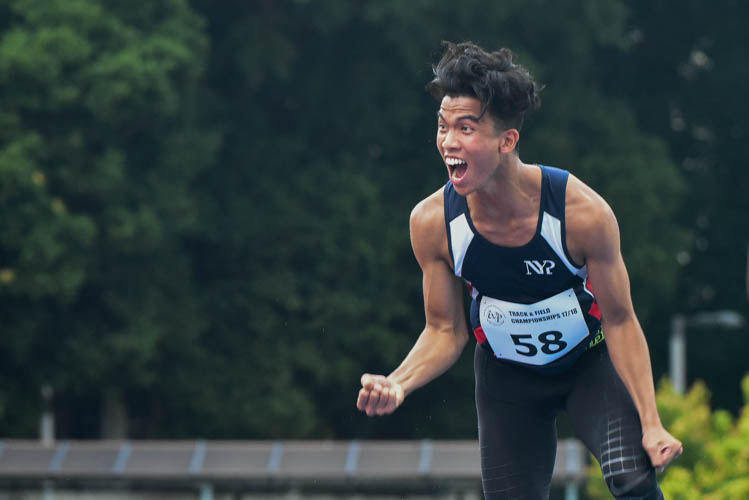 Nanyang Polytechnic’s high jumper Hairul Syamil Bin Mardan celebrating after clinching the gold medal with a height of 2.02m. (Photo 15 © Stefanus Ian/Red Sports)