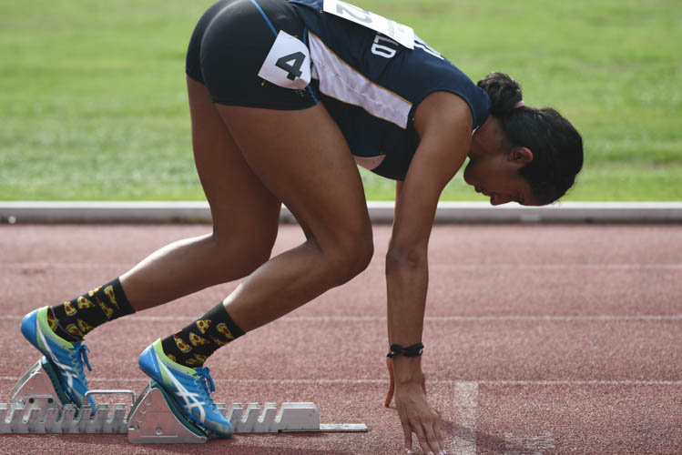 Shanti Pereira of SMU getting on the starting blocks for the Women's 200m sprint, she easily came in first with a time of 24.95s. (Photo 14 © Stefanus Ian/Red Sports)