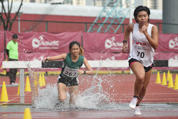 NTU's Rachel Hew and Republic Polytechnic's Cheryl Wong in action during the Women's Steeplechase event during the 2018 IVP Track and Field competition. (Photo 8 © Stefanus Ian/Red Sports)