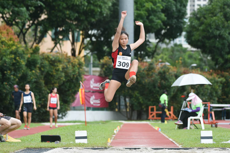 Ang Wei Lu of Singapore Polytechnic competing in the Women's long jump event during the 2018 IVP Track and Field competition. She defended her title in long jump with a winning effort and a new PB of 5.39m. This makes her the returning champion for both long and triple jump, as she won the latter on the first day of IVP.