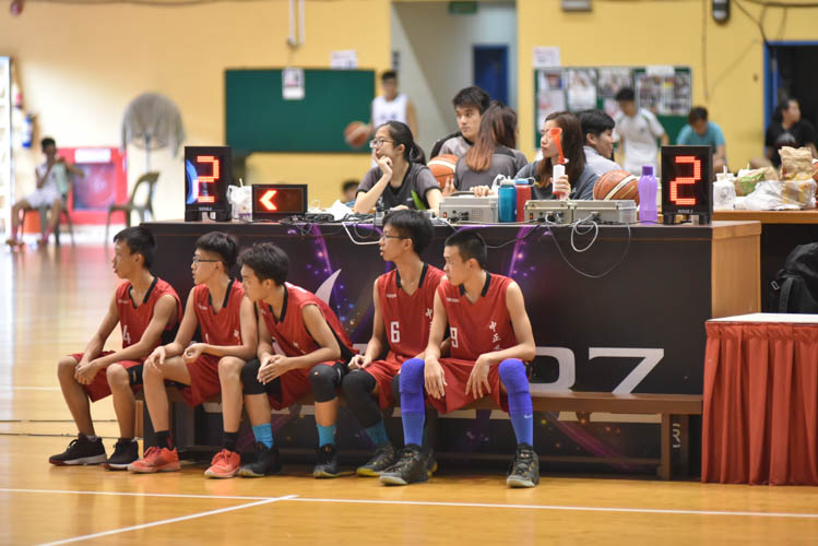 The Chung Cheng High (Yishun) bench waiting to enter the game during the North Zone B Division basketball match between Chung Cheng High and Nan Chiau High School. (Photo © Stefanus Ian/Red Sports)
