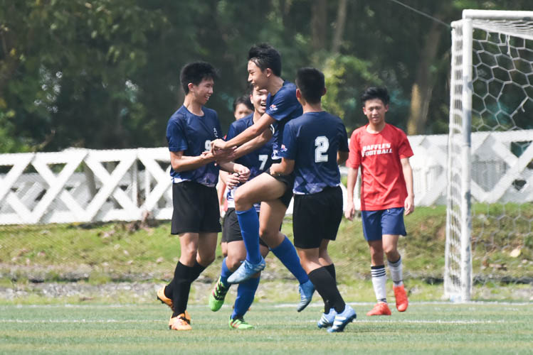 River Valley High School's Hubert Choo (RVHS #9) celebrating his goal with his teammates against Raffles Institution during a NYSI JC League football match. (Photo © Stefanus Ian/Red Sports)