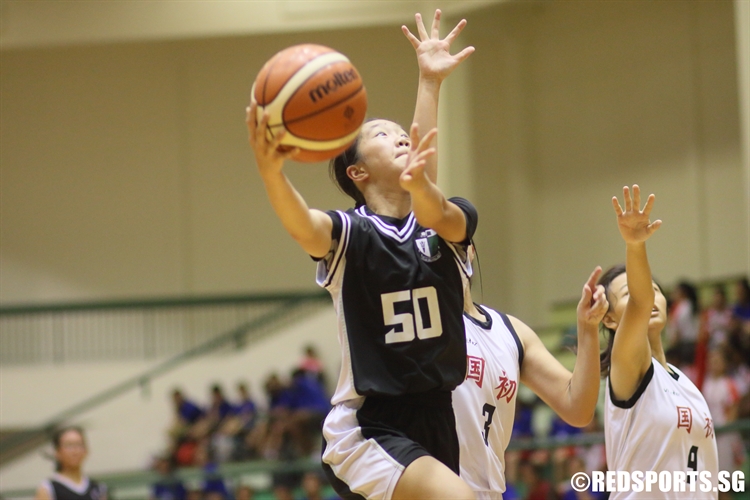Nicole Tng (RGS #50) goes for a fast break lay-up.(Photo 13 © Dylan Chua/Red Sports)