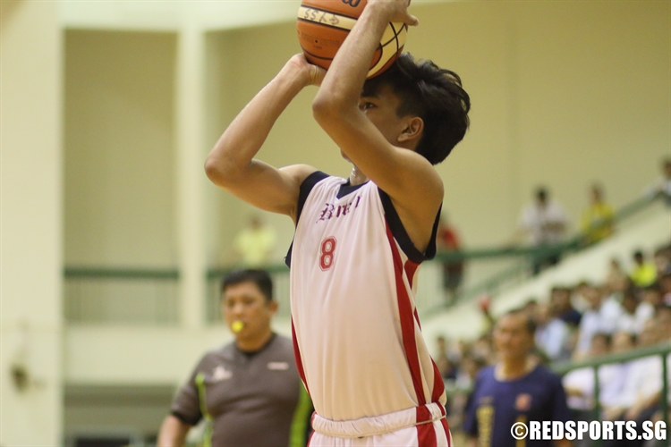 Khant Zay Naing (ACSB #8) takes aim from three-point land. He scored 18 points in the victory. (Photo 5 © Dylan Chua/Red Sports)