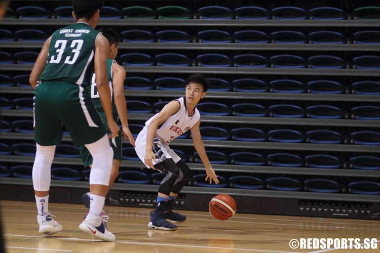 Chan Qi Feng (NV #3) surveys the defense as he handles the ball. (Photo © Chan Hua Zheng/Red Sports)