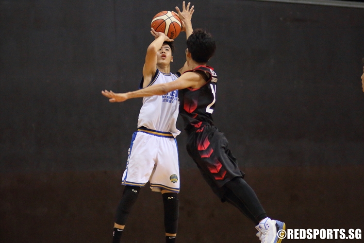 Chiam Ming Yao (FMS #1) shoots a step back jumper against Ngee Ann. (Photo 9 © Dylan Chua/Red Sports)