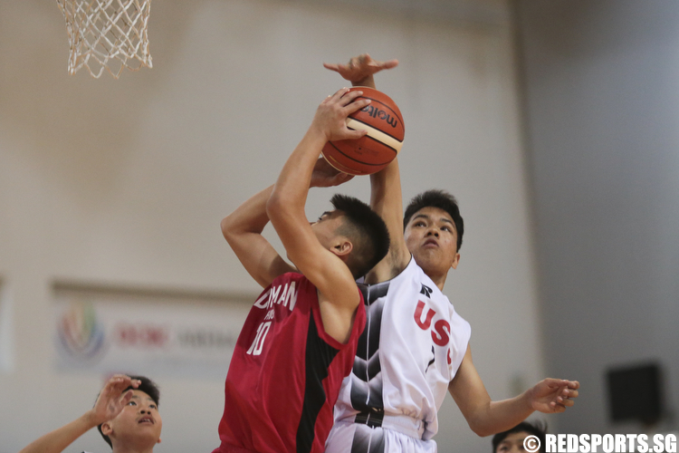 Nicholas Leong (#7) of Unity Secondary defends against Jovan (#10) of Dunman High. (Photo © Lee Jian Wei/Red Sports)