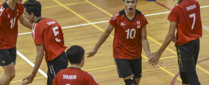 The Shuqun team celebrating a point during the match. (Photo © Stefanus Ian/Red Sports)