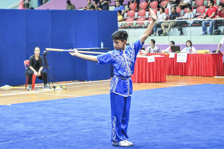 Justin Poon of Anderson Secondary took silver in the B Division Boys 2nd International Cudgel among 20 competitors with a score of 8.76. (Photo © Joy Poon)