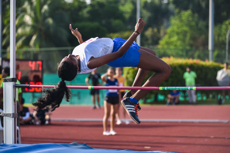 Rena Edward (#47) of St. Nicholas Girls' School placed 4th with a jump of 1.48m at the B Division GIrls High Jump event. (Photo  © Lee Yu En/Red Sports)