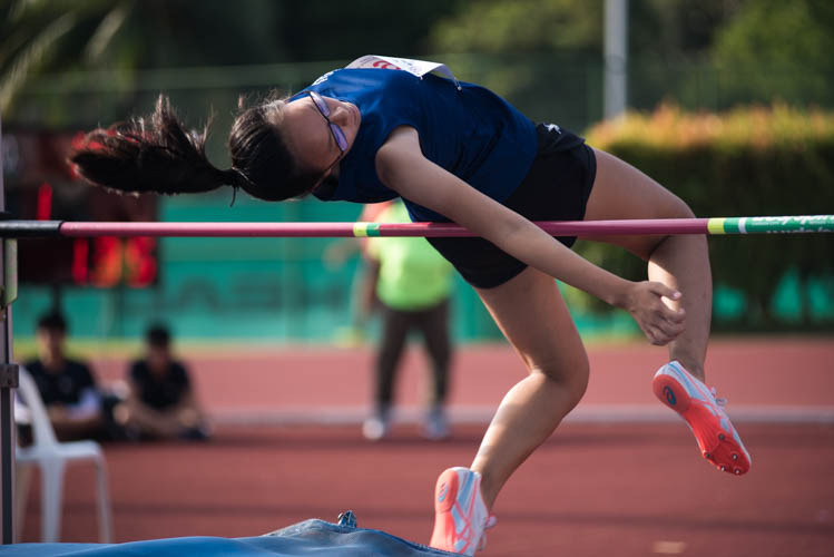 Renee Soh Rui En (#156) of CHIJ St. Theresa's Convent finished at 13th with a jump of 1.30m in the B Division Girls High Jump event. (Photo  © Lee Yu En/Red Sports)