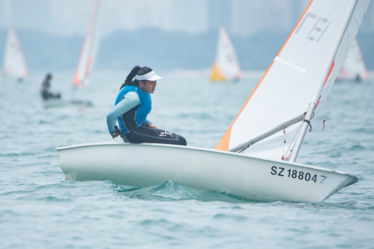 Simone Chen of Nanyang Girls' High School (#137) came in first with a score of eight points in the B Division Girls' Bytes Sailing Championships. (Photo  © Stefanus Ian/Red Sports)