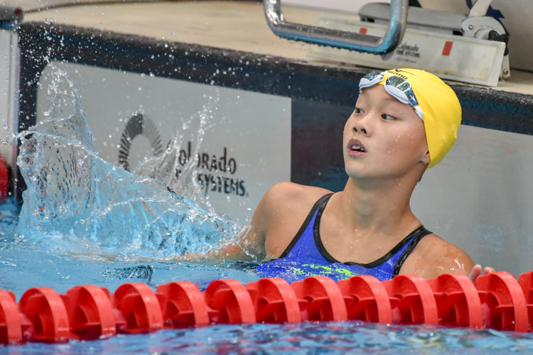 Charla Tan reacting after coming in first in the 50m Freestyle C Division Girls race with a time of 27.93s. (Photo © Stefanus Ian/Red Sports)