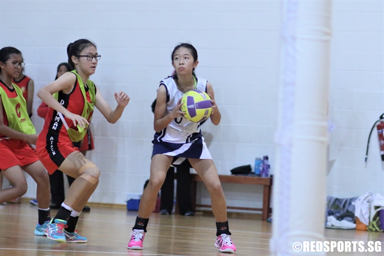 Seraphina Low (C) of CHIJ surveys the floor as she looks to pass. (Photo  © Chan Hua Zheng/Red Sports)