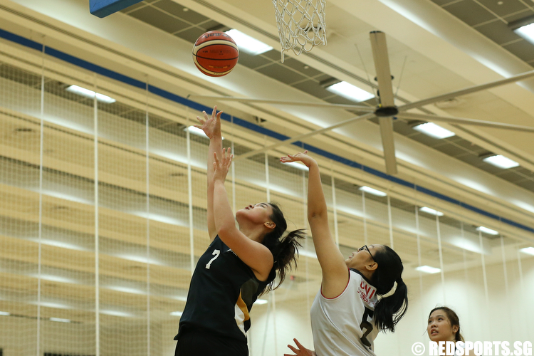 (#7) of Singapore Institute of Management shoots a layup against Lim Yin Yan (#5) of Ngee Ann Polytechnic. (Photo © Lee Jian Wei/Red Sports)