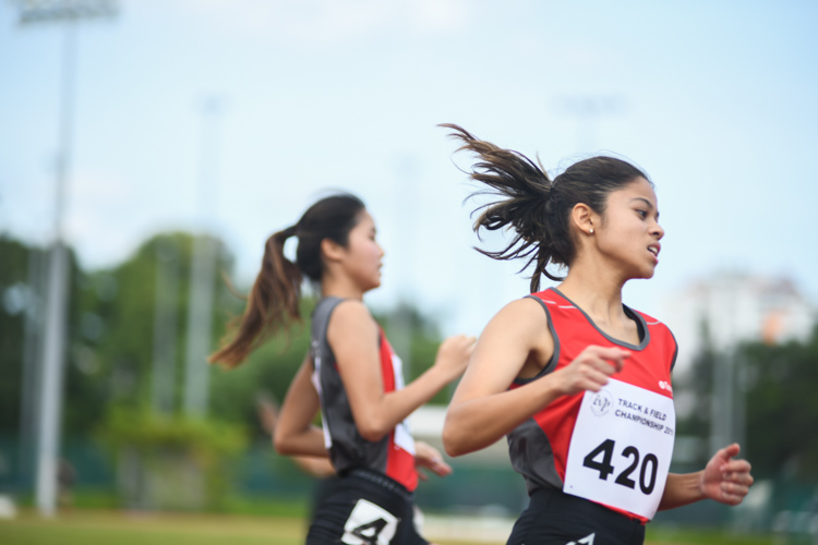 Temasek Polytechnic clinched a 1-2 finish in the IVP 100m Women's event with Haanee bte Hamkah (#420) edging her teammate Clara Goh (#421) to win gold with a time of 12.66s.  (Photo 1 © Stefanus Ian/Red Sports)
