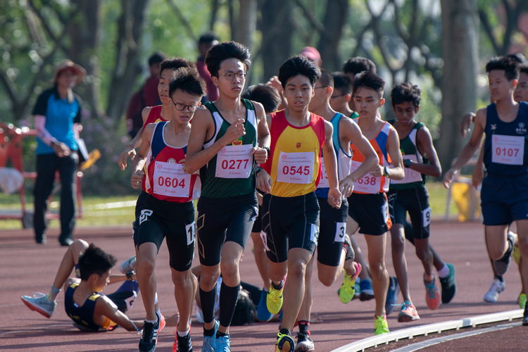 Chai Jiacheng (#0277, in green) of Raffles Institution leads the pack in the 3000m B Division Boys' Finals. He went on to place first with a time of 9:43.57, less than a second ahead of runner-up Chew Yue Bin (#0545, to the right) of Hwa Chong Institution.