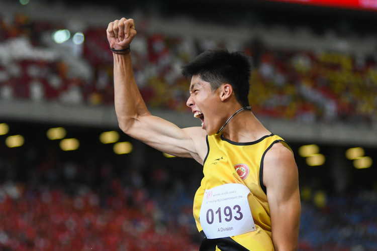 Kampton Kam of VJC pumping his fist in celebration after coming in first in the A Division Boys’ High Jump event and broke the schools national record and the under-20 record with a final height of 2.15 metres. (Photo 1 © Stefanus Ian/Red Sports)