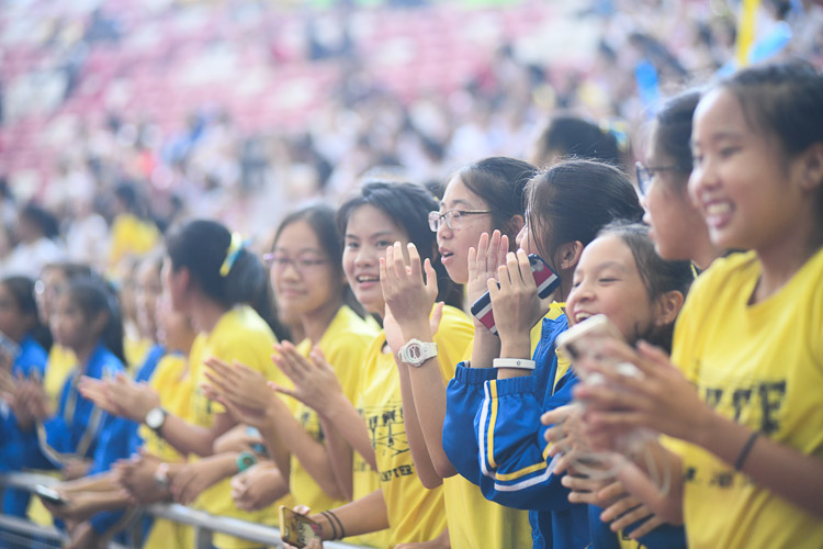 Nanyang Girls' High School students cheering their schoolmates at the National Stadium. (Photo 1 © Stefanus Ian)