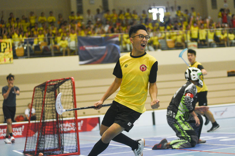 Fares Aqil (VJC #65) celebrates after scoring his team's second goal just two minutes into the game. VJC beat defending champions RI in a 6-4 thriller to book a spot in their second final in three years. (Photo 1 © Iman Hashim/Red Sports)