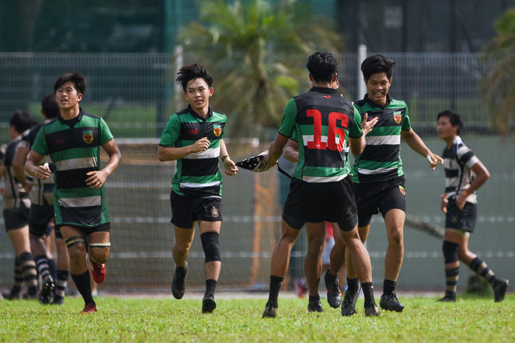 RI players celebrate their second-half try that put them 17-5 up. (Photo 1 © Iman Hashim/Red Sports)