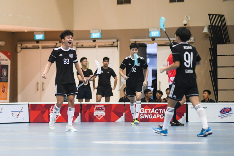 EJC's Jiaqing (#83) celebrating with his teammates after scoring his team's second goal. (Photo 1 © Stefanus Ian/Red Sports)