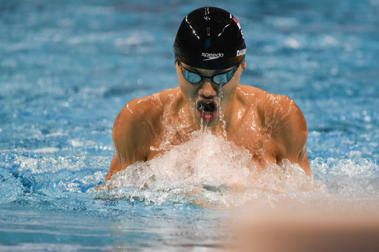 Darren Chua swimming the breaststroke leg in the Men's 200m Individual Medley A-final. He finished second with a time of 2:04.43. (Photo 1 © Iman Hashim/Red Sports)