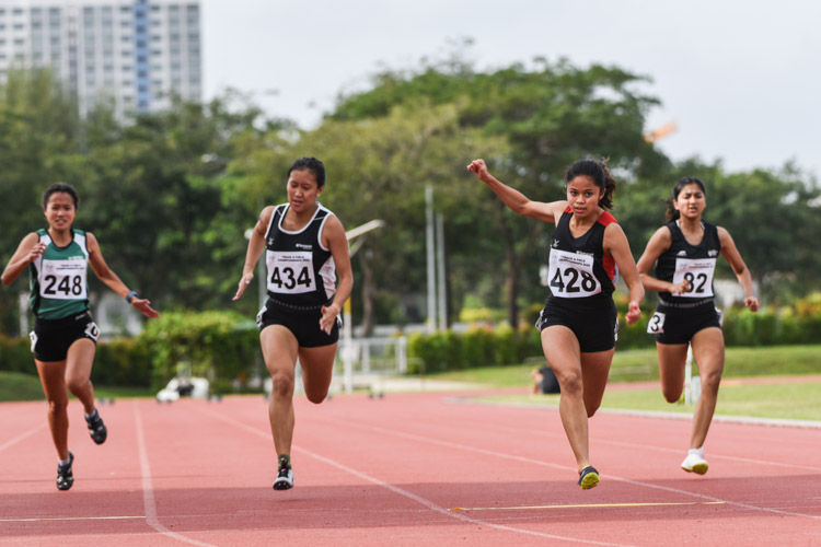 Temasek Polytechnic duo Haanee Hamkah (#428) and Gwendolyn Therese Lim (#434) finished 1-2 in the Women's 100m final with personal bests of 12.30s and 12.64s respectively. Tanisha Moghe (#82) of NTU finished third in 12.96s. (Photo 1 © Iman Hashim/Red Sports)