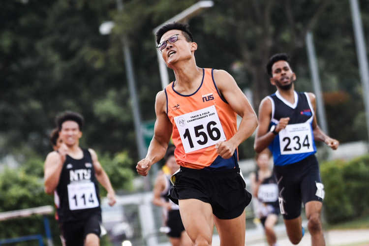 Chew Xiu Zheng (#156) of NUS finished first overall in the Men's 800m timed finals with a time of