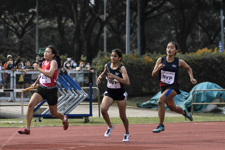 The NUS quartet of Nicole Lim, Regine Ng, Rachael Kwan and Celeste Goh snatched the gold in the women's 4x100m relay, clocking a time of 51.07 seconds.   Republic Poly's Louisa Janssen, Ho Zhi Xuan, Tyeisha Khoo and Nurulain Hamizah settled for silver in 51.34s in a separate timed final, while Temasek Poly’s Rowvy Low, Valencia Ho, Reshma Subramaniam and Gwendolyn Lim clocked 53.17s to take bronze. (Photo 1 © Iman Hashim/Red Sports)