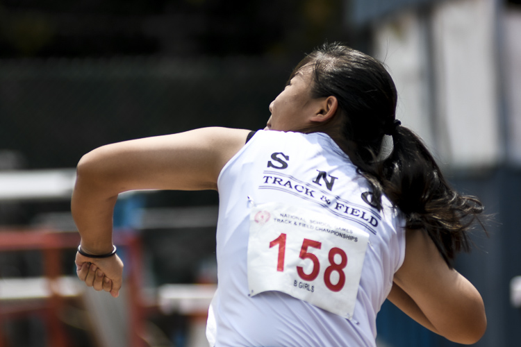 CHIJ St. Nicholas Girls' Angel Lim (#158) claimed bronze in the B Div girls' shot put with a throw of 10.79 metres. (Photo 1 © Iman Hashim/Red Sports)