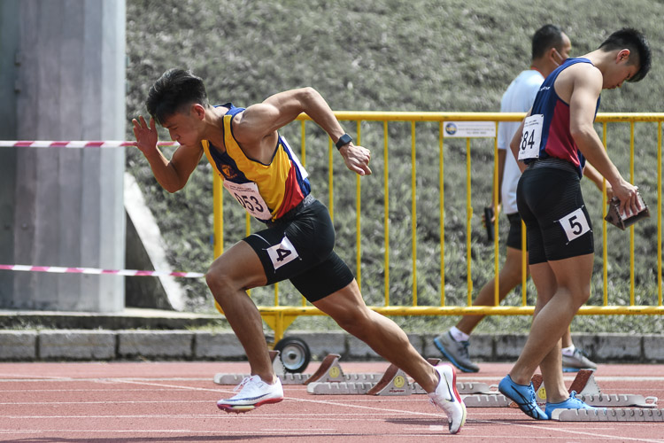 ACS(I)'s Mark Lee (#53) obliterated his second schools national record within a week clocking 10.59s in the A Div boys' 100m final. It sees him meet the 10.60s qualification mark for the World Athletics U20 Championships to be held in Cali, Colombia this August. (Photo 1 © Iman Hashim/Red Sports)