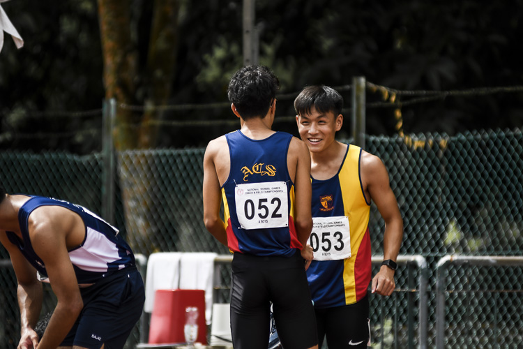 ACS(I)'s Mark Lee (#53) celebrates after anchoring his team to gold in the A Div boys' 4x100m relay final. (Photo 1 © Iman Hashim/Red Sports)