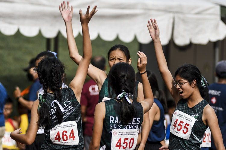 RGS runners celebrate their bronze showing in the B Div girls’ 4x400m relay final. (Photo 1 © Iman Hashim/Red Sports)
